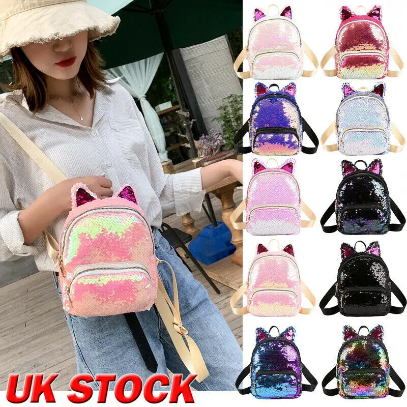 

2019 Women Mini Cute Cat Ear Sequined Backpack Fashion Shoulder School Rucksack Ladies Girls Travel Bag