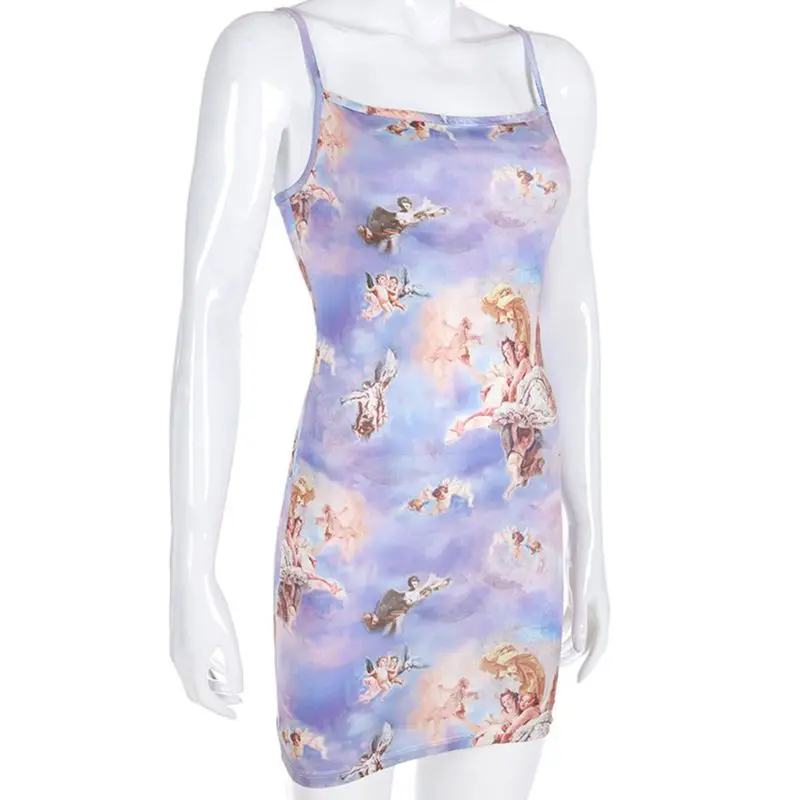 

Women Sleeveless Sexy Package Hip Mini Bodycon Pencil Dress Fancy European Angel Printing Spaghetti Strap Night Club Sling Dress