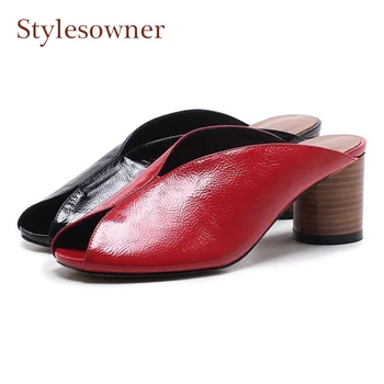 

Black Red Genuine Leather Middle Heel Shoes For Women Slippers Peep Toe Round Heel Fashion Slip On Casual Elegant Sandal Shoes