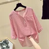 Striped Shirt Female New Summer Chiffon Loose V Collar Blouse Clothes Three Quarter Sleeved Casual Fashion Girl Top Shirts H9006 1