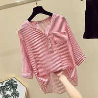 Striped Shirt Female New Summer Chiffon Loose V Collar Blouse Clothes Three Quarter Sleeved Casual Fashion Girl Top Shirts H9006 1