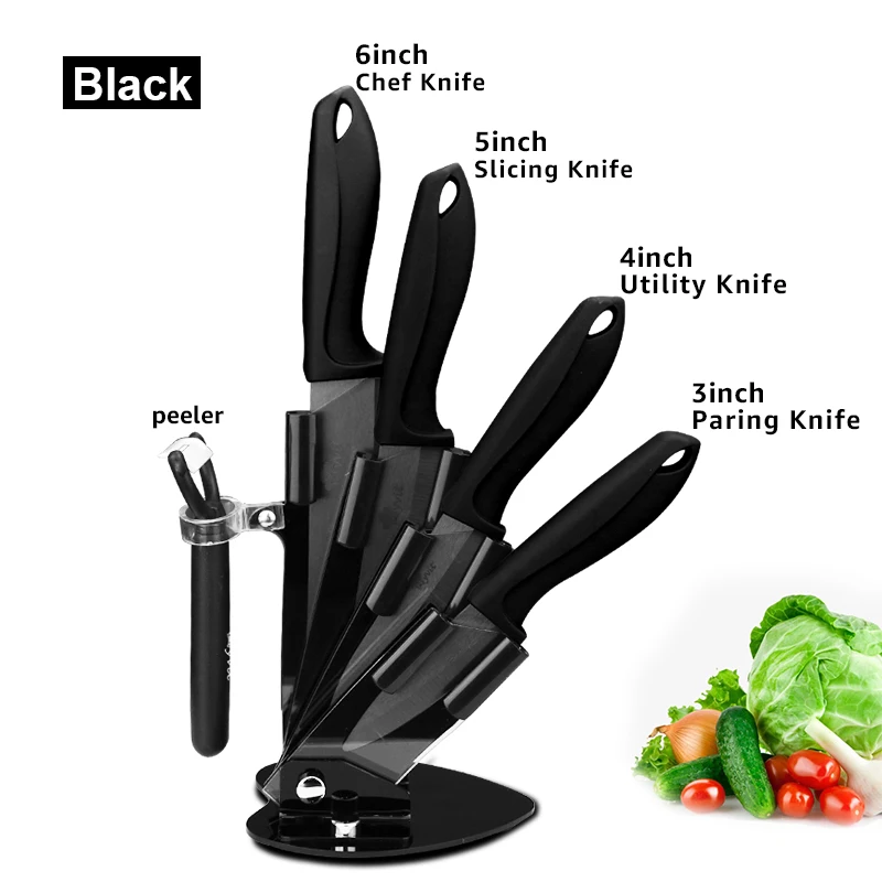 Кухонные ножи, керамические ножи с держателем, 6 шт. в наборе, 3 дюйма, для очистки овощей, 4 дюйма, 5 дюймов, для нарезки, 6 дюймов, поварской нож, циркониевая керамика, черное лезвие - Цвет: Black knives set