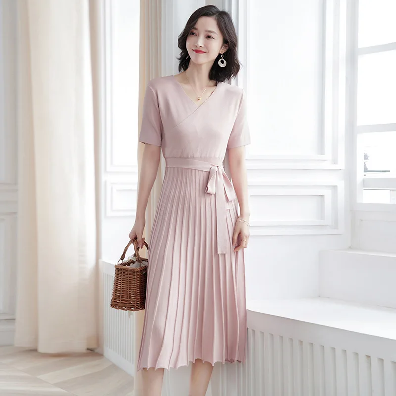 

KMETRAM Vintage Korean Pleated Summer Dress for Women Clothes 2019 Elegant Knitted Midi Black Dress Women Dresses Vestido MY3105