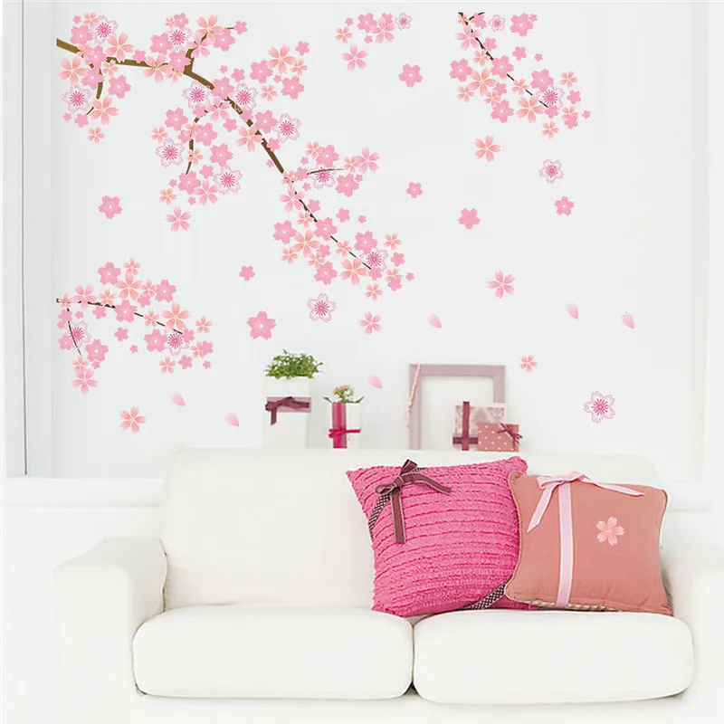 Розовый Вишневый цветущее дерево романтическая diy Наклейка на стену для дома Наклейка для девочек спальня ТВ фон декоративный магазин Кухня Фреска