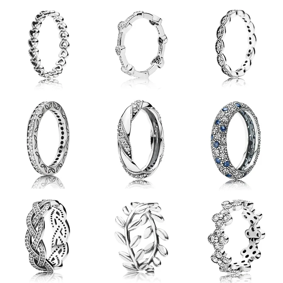 

9 Style Silver Rings Heart Flower Leaf with Full Crystal Ring for Women Wedding Jewelry Gift