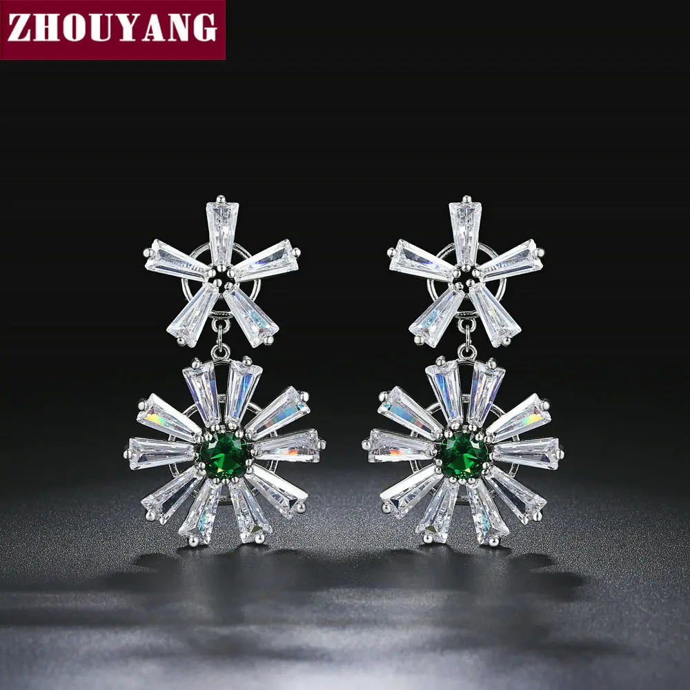 ZHOUYANG Drop Earring For Women Elegant Style Two-color Flower Cubic Zirconia Silver Color Birthday Gift Fashion Jewelry E148