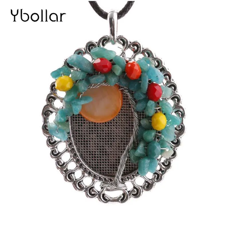 

Fashion Women Handmade Jewelry Wire Wrapped Tree of Life Gems Natural Stone Pendant Necklace Gift Statement Sweater Chain