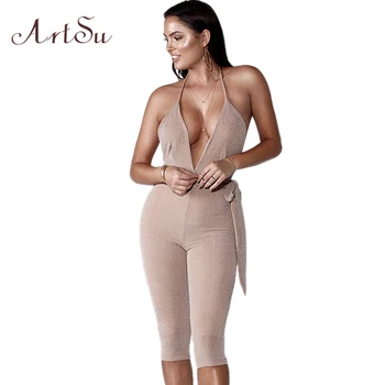 

ArtSu 2018 Women Sexy Sleeveless Deep V-neck Jumpsuit Shine Long Playsuit Party Romper Backless Lace Up Belt Jumpsuits ASJU30304