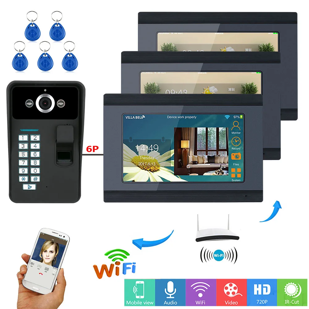 3 Monitors 7 inch Wired Wireless Wifi Fingerprint RFID Password Video Doorbell Phone Intercom Entry System Support Remote APP