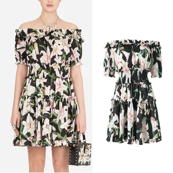 

New word brought A word off the shoulder printing lilies G0532 falbala short sleeved dress