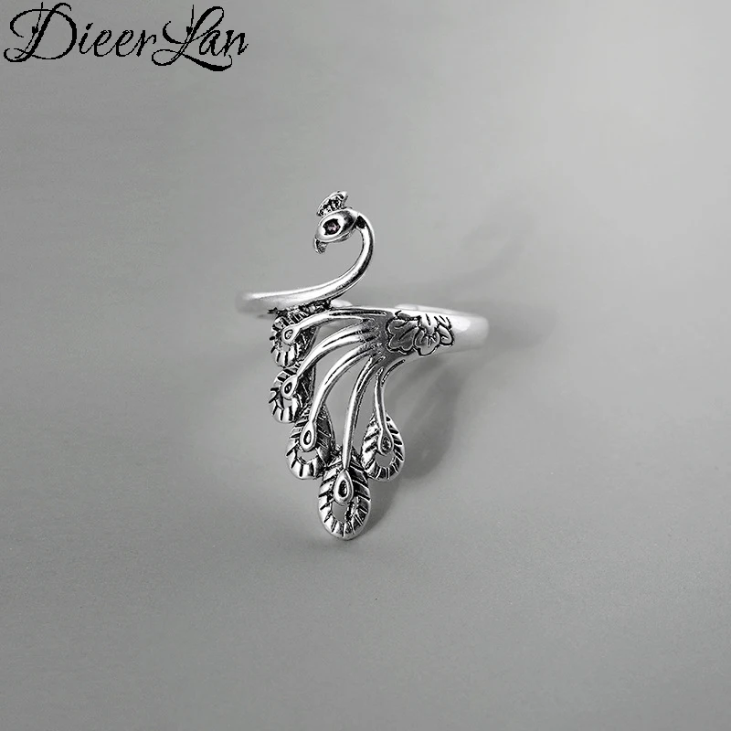 

DIEERLAN Bohemian Personality 925 Sterling Silver Peacock Rings for Women Vintage Adjustable Antique Ring Anillos