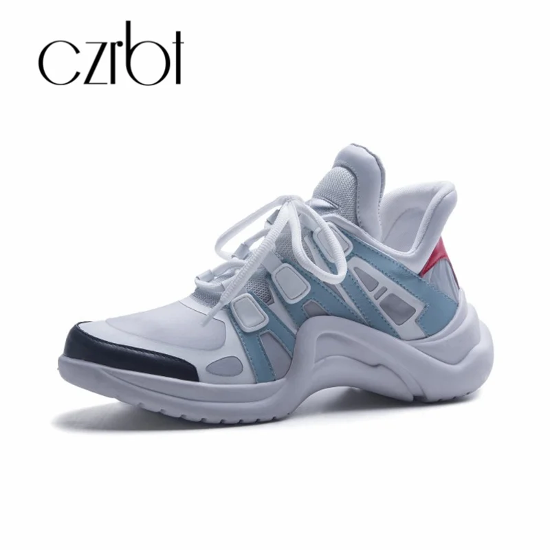 

czrbt 2018 autumn new sneaker street style thick bottom leather casual shoes low top breathable mesh yarn color women's shoes