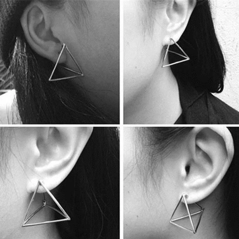 

Europe and America Minimalist Geometric 3D Hollow Triangle Stud Earrings for Women Gold Silver & Black Color Alloy Earring M002