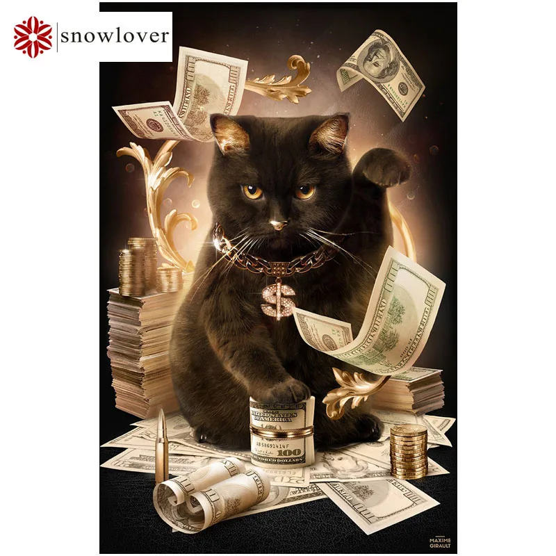Diamond Embroidery Cat With Cash Pattern DIY 5D Diamond Painting Needlework Cross Stitch Full Drill Rhinestones Painting M02158