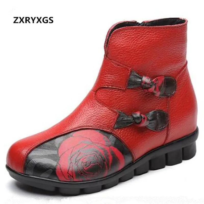 

2019 New Autumn / Winter Shoes Woman Boots Printing Genuine Leather Boots Ladies Ankle Boots Flat Warm Snow Boots Fashion shoes