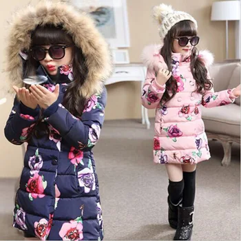 

2017 winter new big virgin padded coat girls long section thick cotton jacket kids flower pattern warm outwear -30 Degree