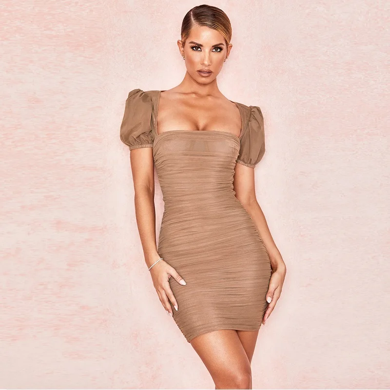 

2019 Elegant Mesh Short Sleeve Mini Dresses Sexy Bodycon Fashion Draped Puff Sleeve Women Summer Party Above Knee Vestidos