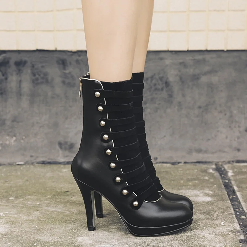 Metal Piel Nueva Tacones Mujeres cow Decoración De Cuero 2018 Plataforma Moda Super Alta Redondo Black Leather Delgada Del Zapatos Botas Genuino Suede Pie Dedo Zvq Black La Cremallera Cow 1xwP65q00