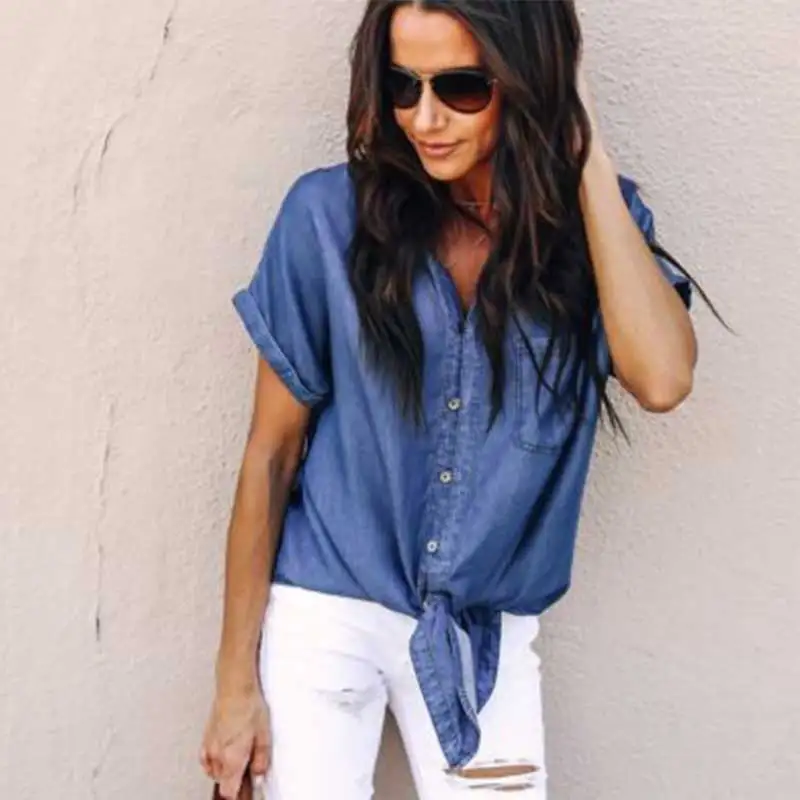 Women Sexy Blue Lightweight Denim Shirt 
