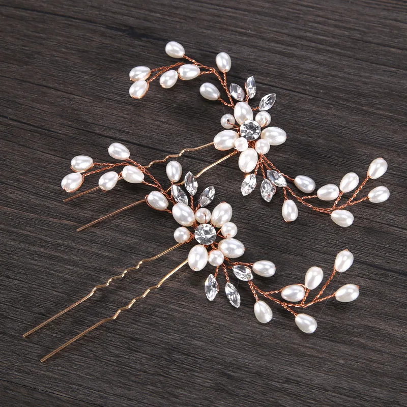 

1PCS Handmade Bride Pearl Tiaras Hairpins Rhinestone Hair Clips For Wedding Hair Accessories Rose Gold Crystal Bridal Head Piece