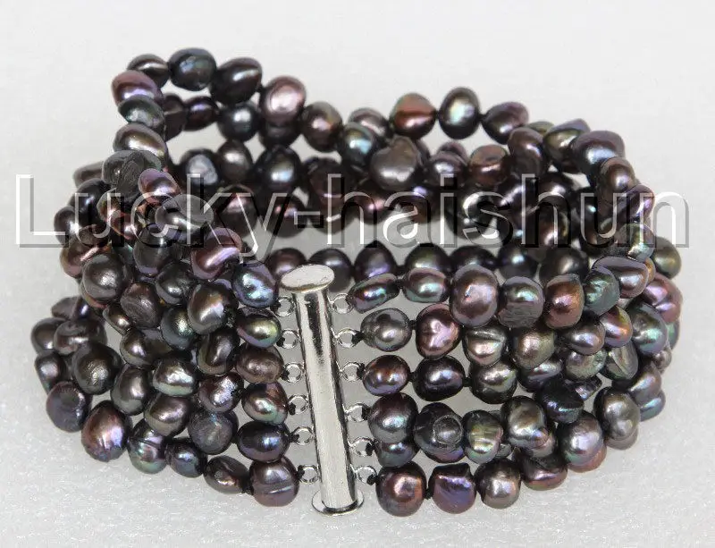 

Wholesale price 16new ^^^8" 8mm 6row Baroque black FW pearls bracelet magnet clasp j11115
