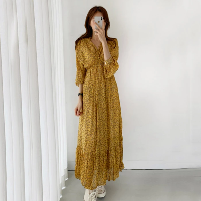 

2019 Sweet V-collar Chiffon Dresses Spring and Summer V-Neck Mid-Calf Elegant Holiday Wind Empire Waist Female Chiffon Dresses