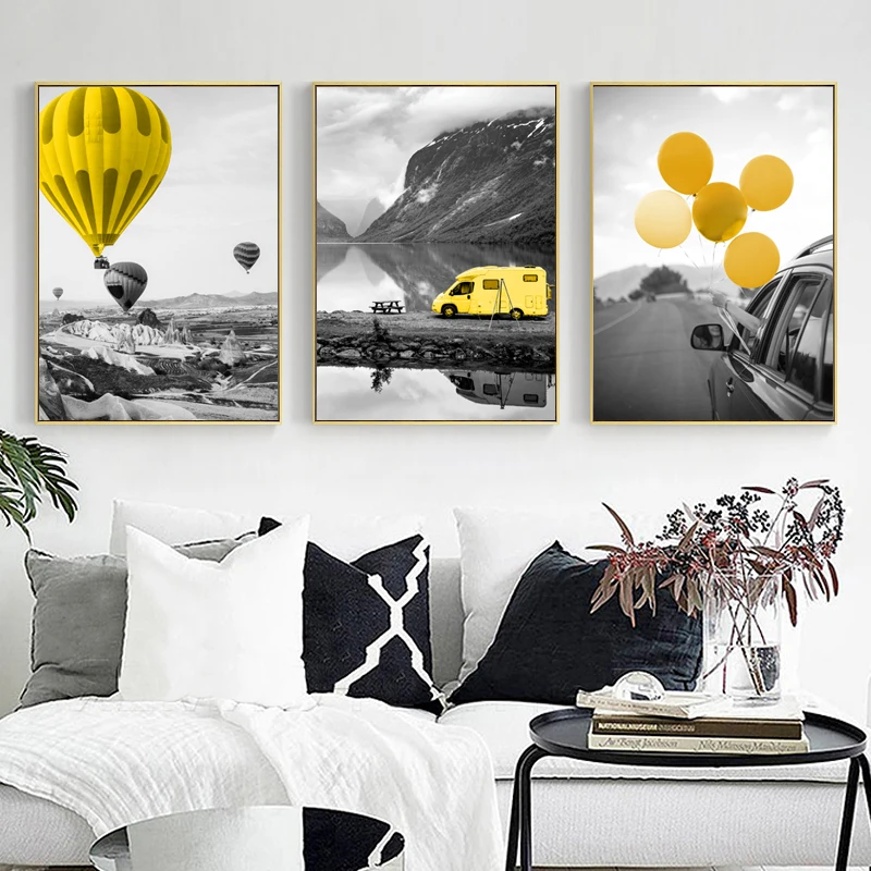 Современный плакат для путешествий, пейзаж, желтый воздушный шар, принты картины на холсте, абстрактные настенные художественные картины для гостиной, дома, декоративные