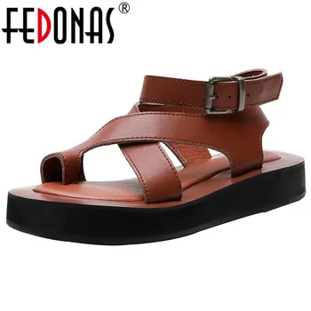 

FEDONAS 2021 Classic Rome Round Toe Platforms Women Sandals Buckle Solid Genuine Leather Women Flats Neutral Casual Shoes Woman