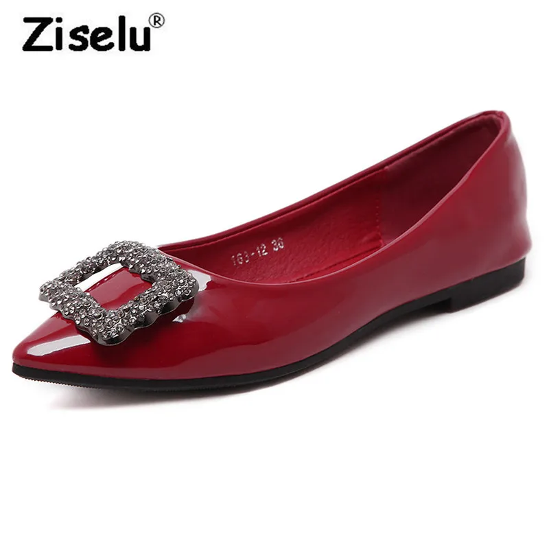 

Ziselu Luxury Crystal Pointed Toe Women Flats Quality Patent Leather Shallow Comfortable Boat Shoes 2018 Spring New Fashion Flat