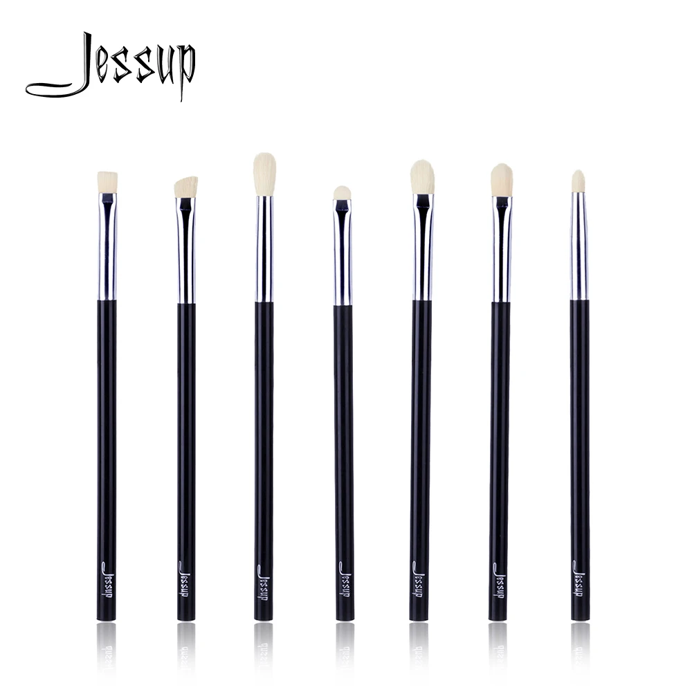Jessup, 7 шт., черный/серебристый, козья шерсть, деревянная ручка, тени для век, консилер для растушевки бровей, контур губ, набор кистей для макияжа T111