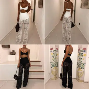 

Fashion Women Lace High Waist See Through Wide Leg Long Beach Trousers Perspective Pants Hot