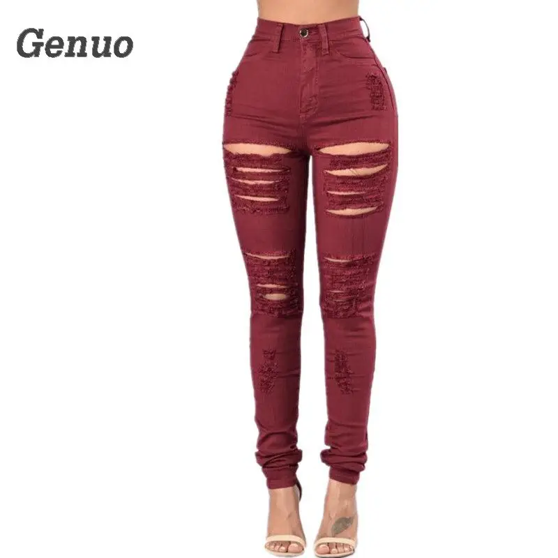 Genuo Women`s Distressed red Mid High Waist Stretch Denim Pants Ripped