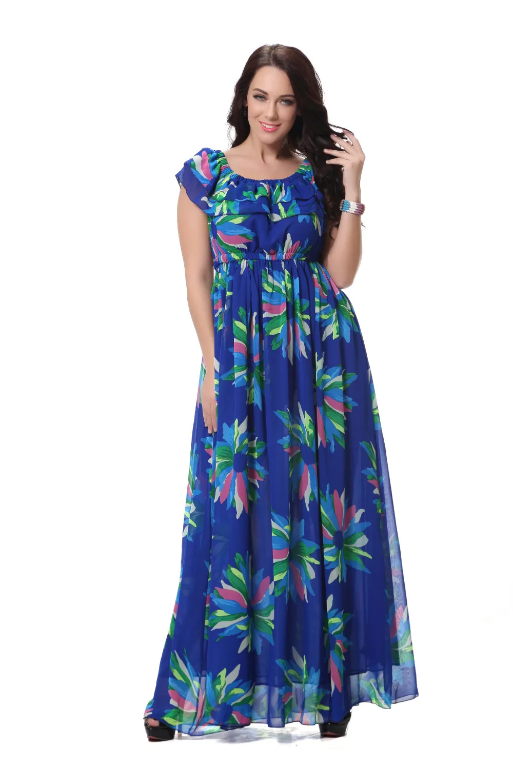 Clobee Moda Mujer шифоновое женское летнее платье с вырезом лодочкой без рукавов с цветочным принтом Длинное Макси платье Плюс Размер 6XL