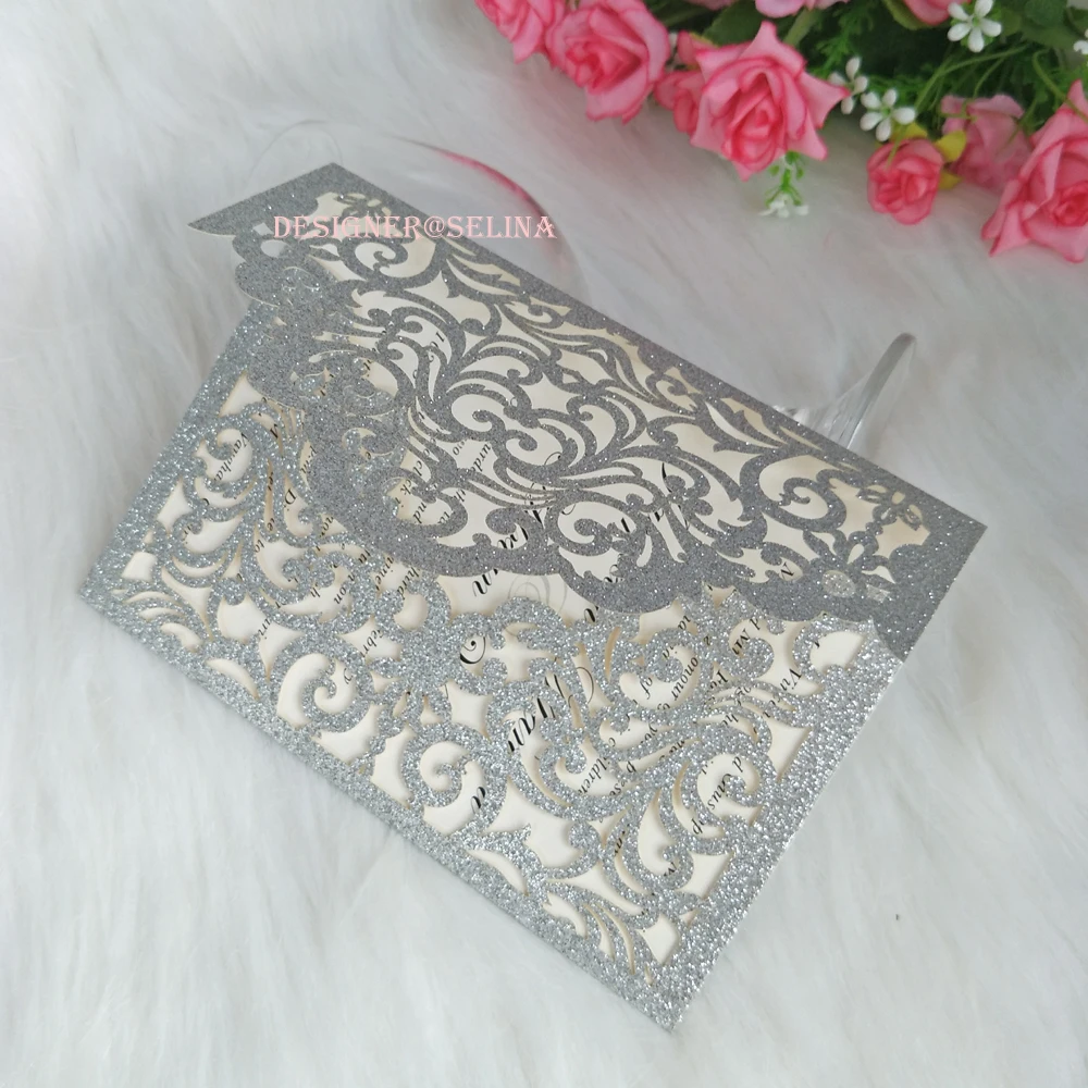 Серебряные блестящие лазерные приглашения 2019 пробы для свадебной Quinceanera Sweet 16th