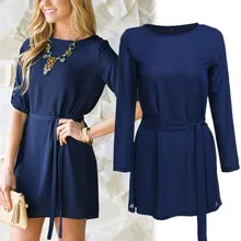 2016 herbst Sexy Frauen Casual Langarm Blau Party Cocktail Short Mini Kleid Mit Gürtel Bund