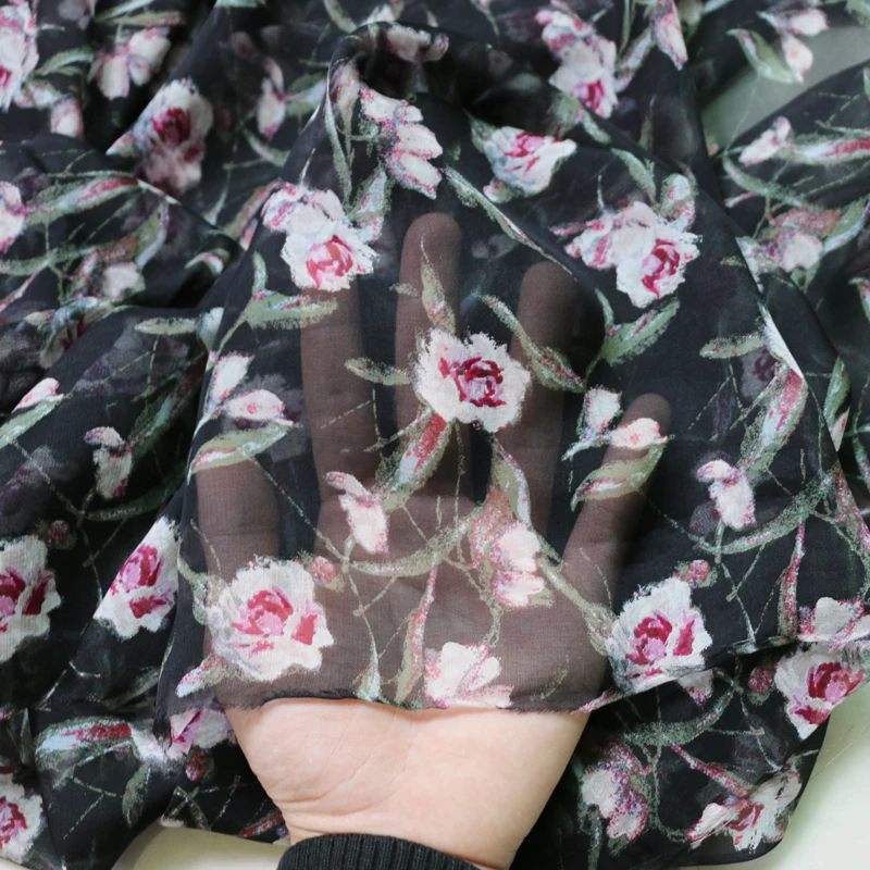 100*135 см черный шелк шифон Марля Tilda цветочный шелк тутового шелкопряда ткань