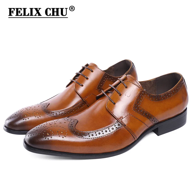 

FELIX CHU Genuine Cow Leather Lace Up Men Brown Formal Brogue Dress Derby Shoes With Perforated Wingtip Detail #E7185-22