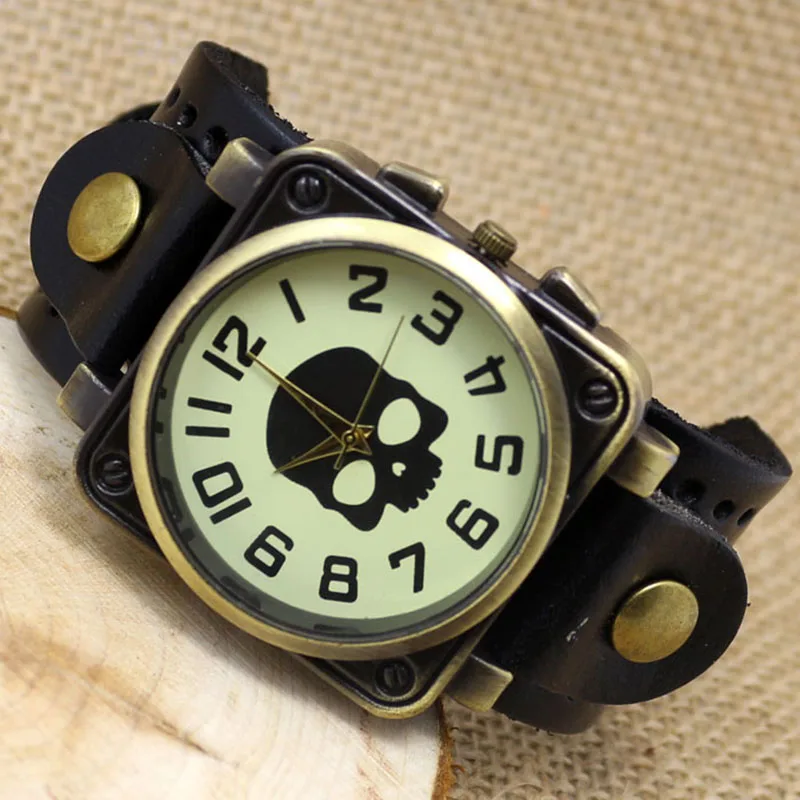 

Hot Sale Black Steampunk Skull Leather Band Wristwatch Quartz Casual Watch Men Boy Bracelet Watches Dropshipping Product