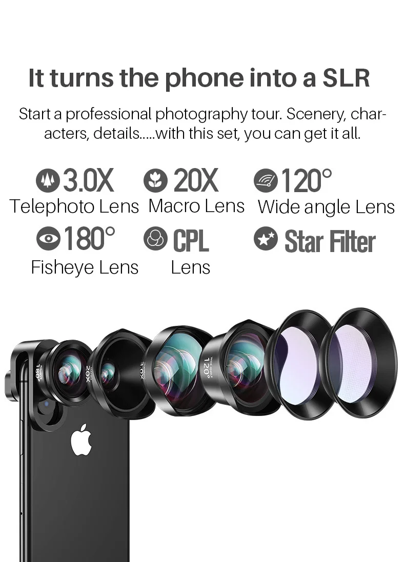 CPL Star объектив камеры мобильного телефона комплект широкоугольный Телеобъектив Объектив Макро Рыбий глаз линзы для iPhone Xs Max X 8 H uawei P20 Pro S amsung - Цвет: 6 in 1