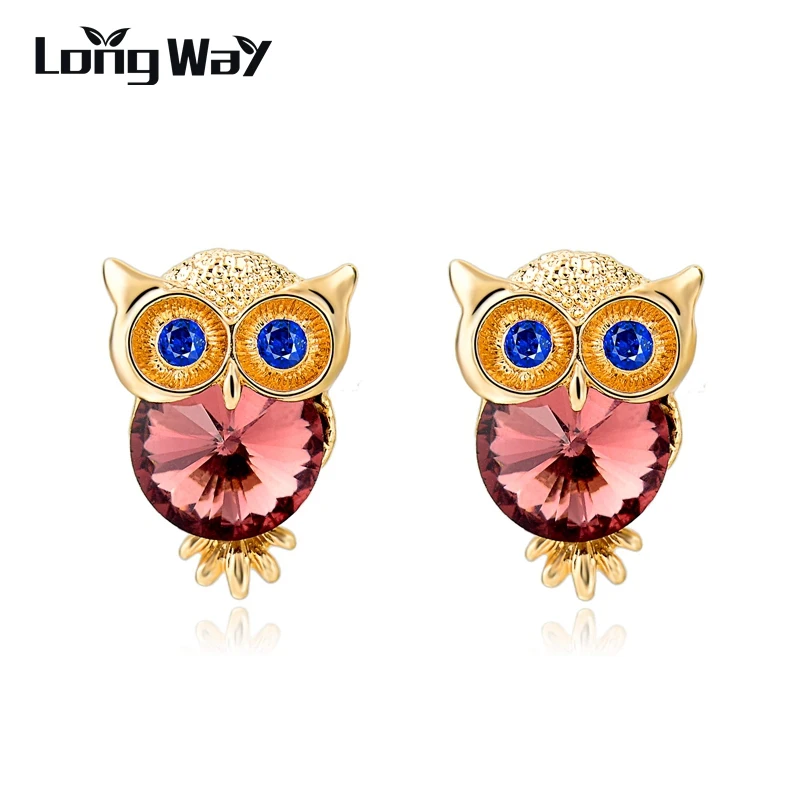 LongWay Brand Jewelry Crystal Owl Stud Earrings For Women Vintage Gold Plated Animal Statement Earrings Brincos Ser150084