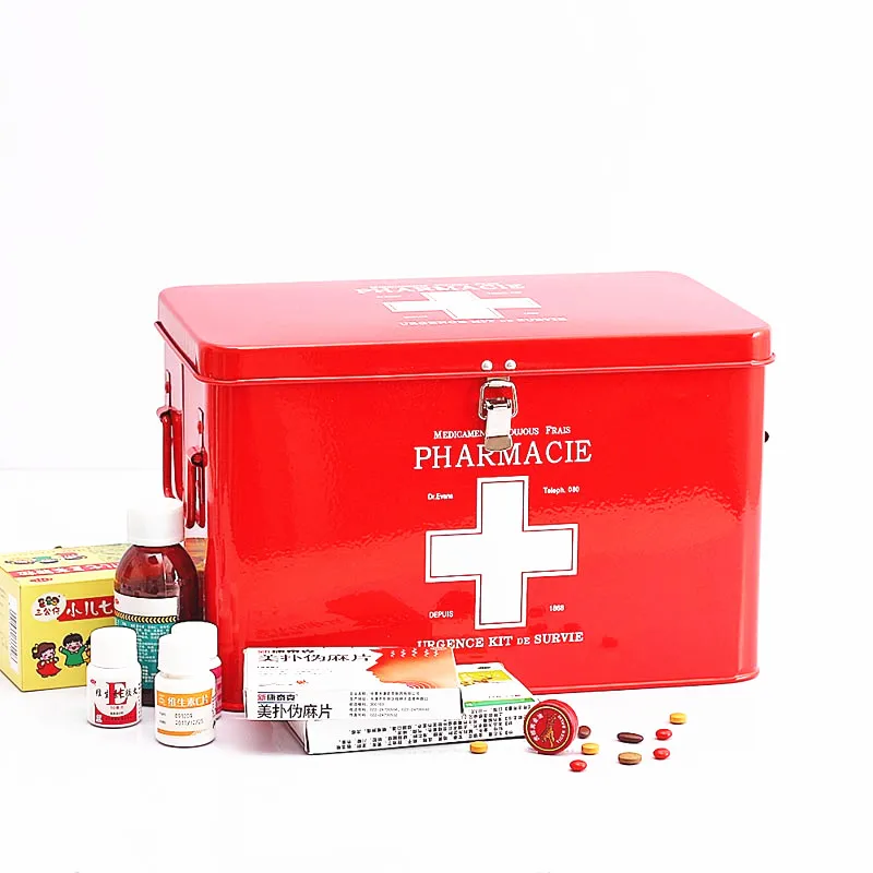 

Family Multi-layer Multifunctional Micro-toolbox First Aid Kit Red with White Cross Metal Medicine Storage Box