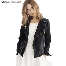 A Forever Осенняя Новая Женская приталенная черная короткая мотоциклетная куртка с отворотом и длинным рукавом на молнии с карманом джинсовая куртка M-1037