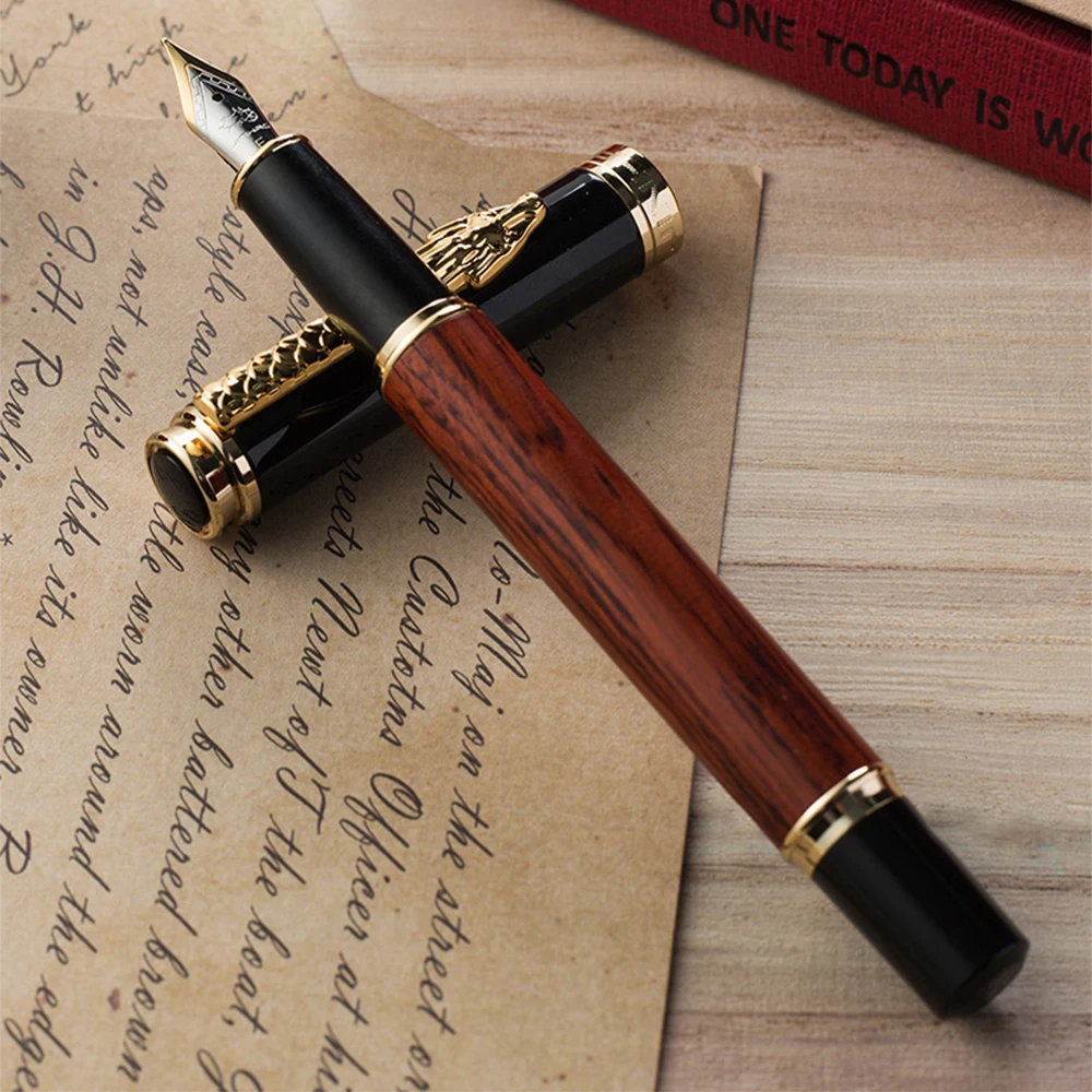 Ручка перьевая Jinhao 8802 деревянная с зажимом в виде Золотого Дракона|Перьевые