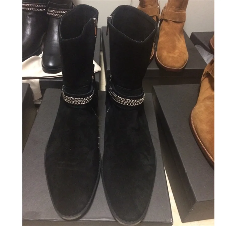 Реальное изображение высокие черные замшевые сапоги с пряжкой и ремешком на цепочке Ботинки Челси из натуральной кожи мужские большие размеры 37-46