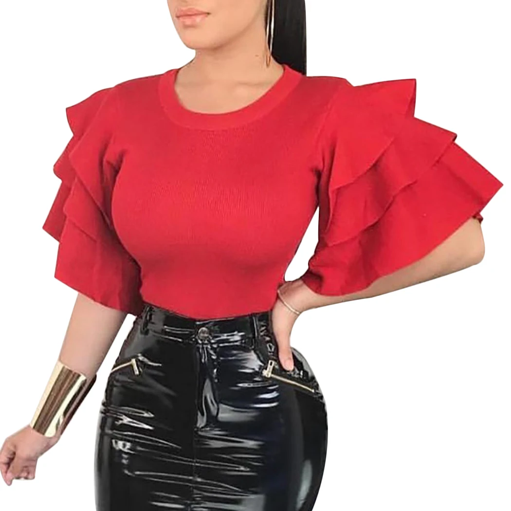 Formal Blusas Las Oficina Moda Verano Pink De Mujeres Manga Wine Señoras Blusa Tops Elegante red Para Ruffle Camisas wqnXwp0E57