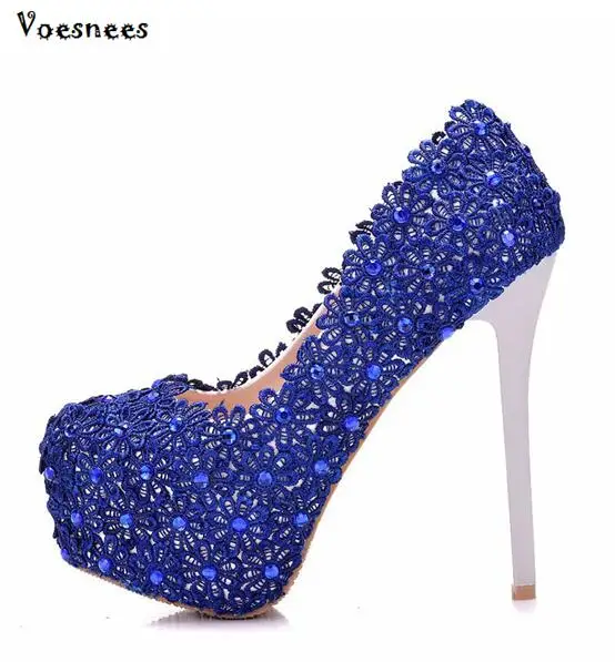 

Female Wedding Shoes Blue Lace Wedding Shoes Women High Heel 14CM Crystal Bridal Shoes Princess Pumps Platform Plus Size 34-41