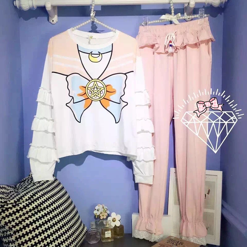 Япония мультфильм аниме косплей Сейлор Мун принт девушки пижамные комплекты топ и брюки 2 шт. Женская домашняя одежда - Цвет: Розовый