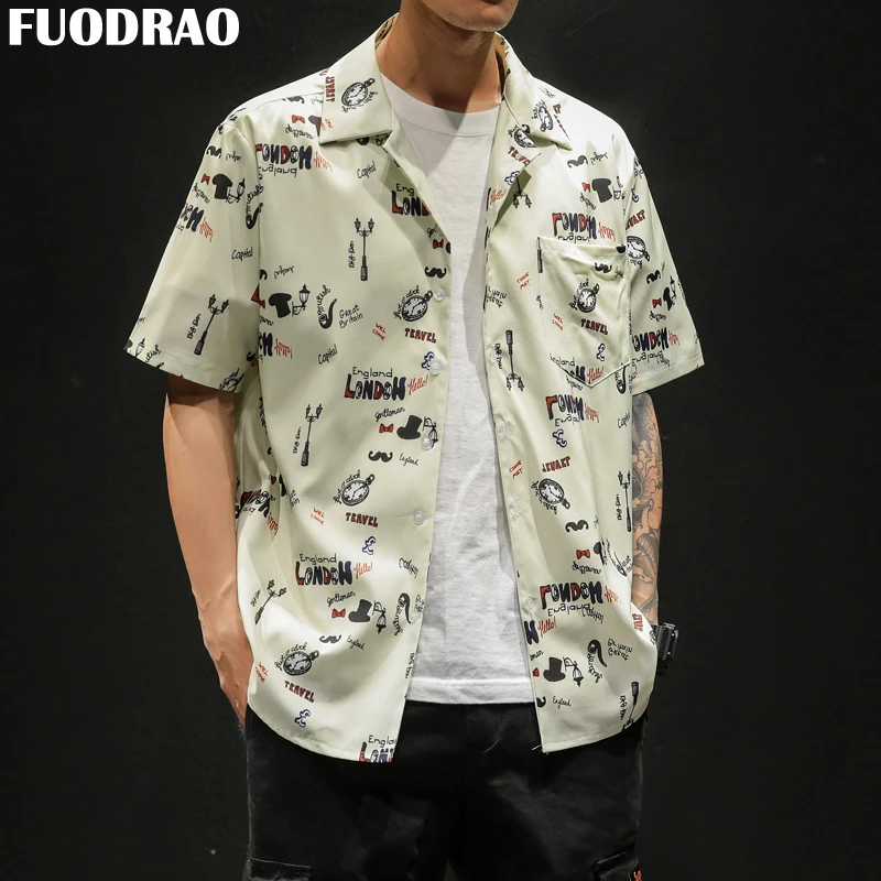 

FUODRAO Fashion Print Korean Beach Shirt Thin Hawaiian Shirt Men Hip Hop Streetwear Summer Short Sleeve Camisa Masculina B029