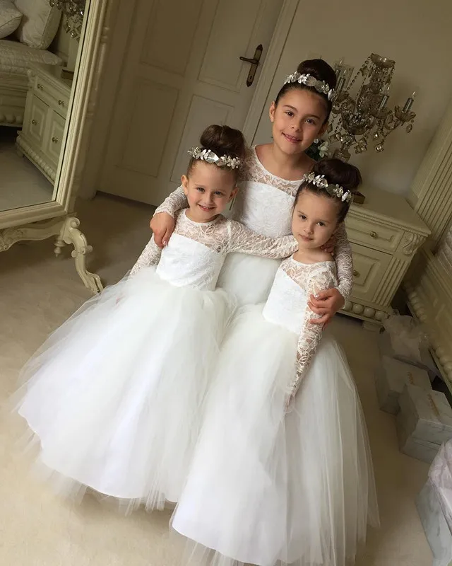 

2019 white First Communion Dresses Puffy Lace Tulle long sleeves Ball Gown princess Flower Girl Dresses birthday Pageant gown