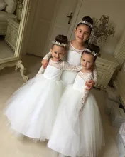 2019 white First Communion Dresses Puffy Lace Tulle long sleeves Ball Gown princess Flower Girl Dresses birthday Pageant gown 2017 champagne flower girl dresses long sleeves o ncek button sheer tulle ball gown first communion gowns vestidos longo custom